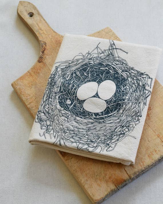 Navy Blue Organic Cotton Bird's Nest Printed Tea Towel
