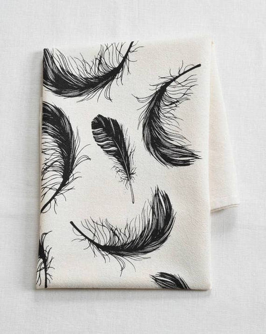 Black Organic Cotton Bird Feather Printed Tea Towel