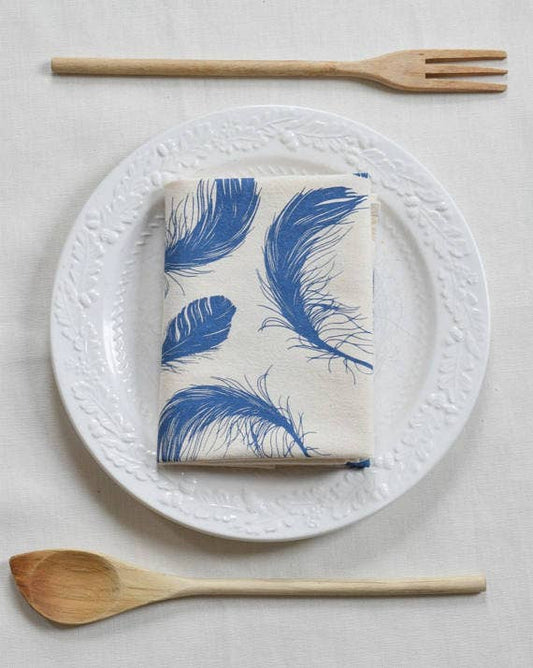 Blue Organic Cotton Bird Feather Printed Tea Towel