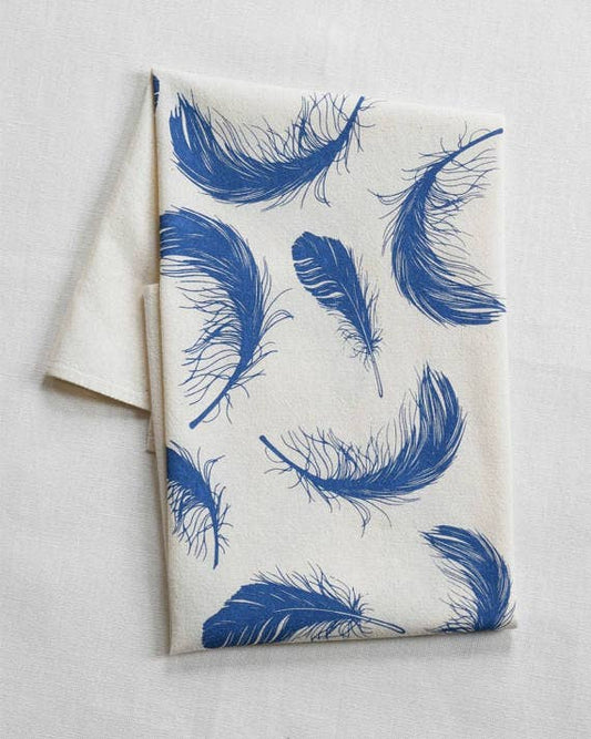 Blue Organic Cotton Bird Feather Printed Tea Towel