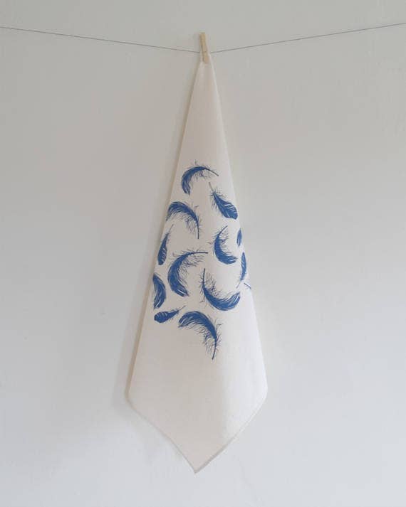 Blue Organic Cotton Bird Feather Printed Tea Towel