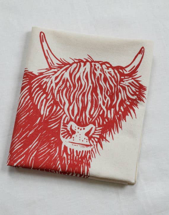 Red Organic Cotton Scottish Highland Cow/Steer Printed Tea Towel