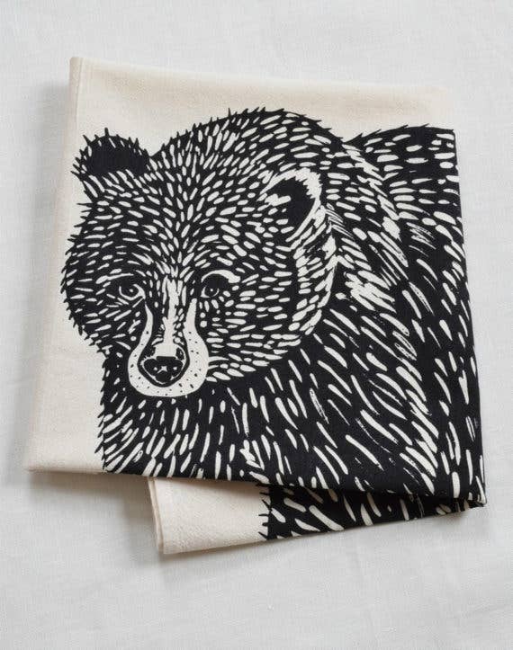 Black Print Organic Cotton Bear Tea Towel Woodland Animal