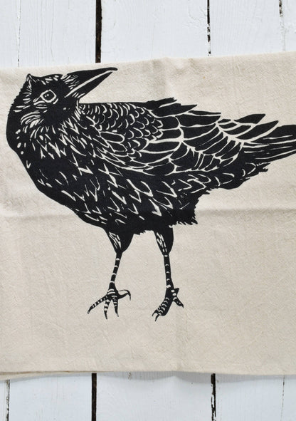 Black Print Organic Cotton Crow/Raven Bird Tea Towel