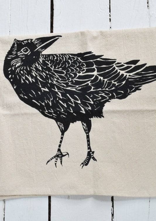 Black Print Organic Cotton Crow/Raven Bird Tea Towel
