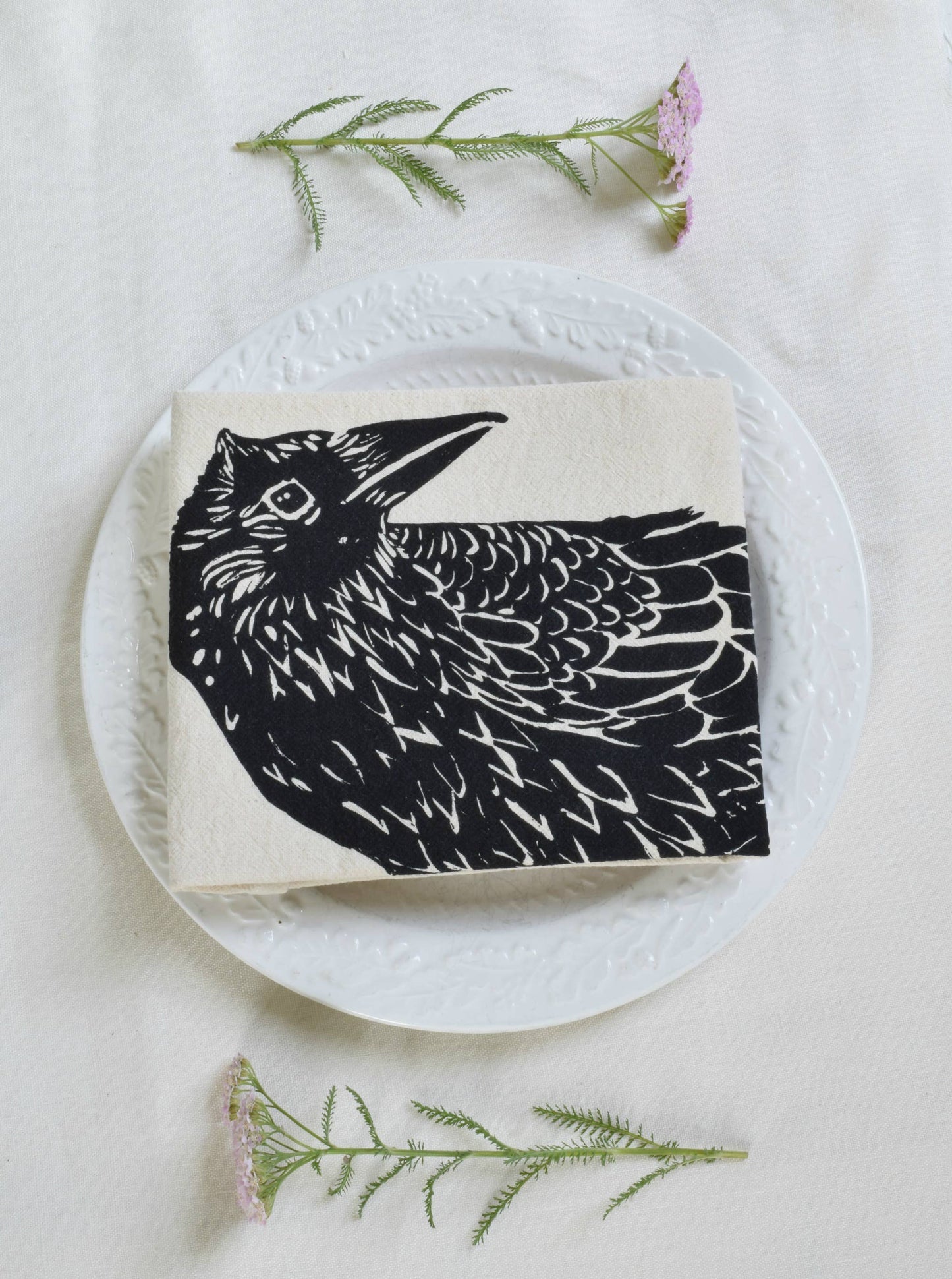 Black Print Organic Cotton Crow/Raven Bird Tea Towel