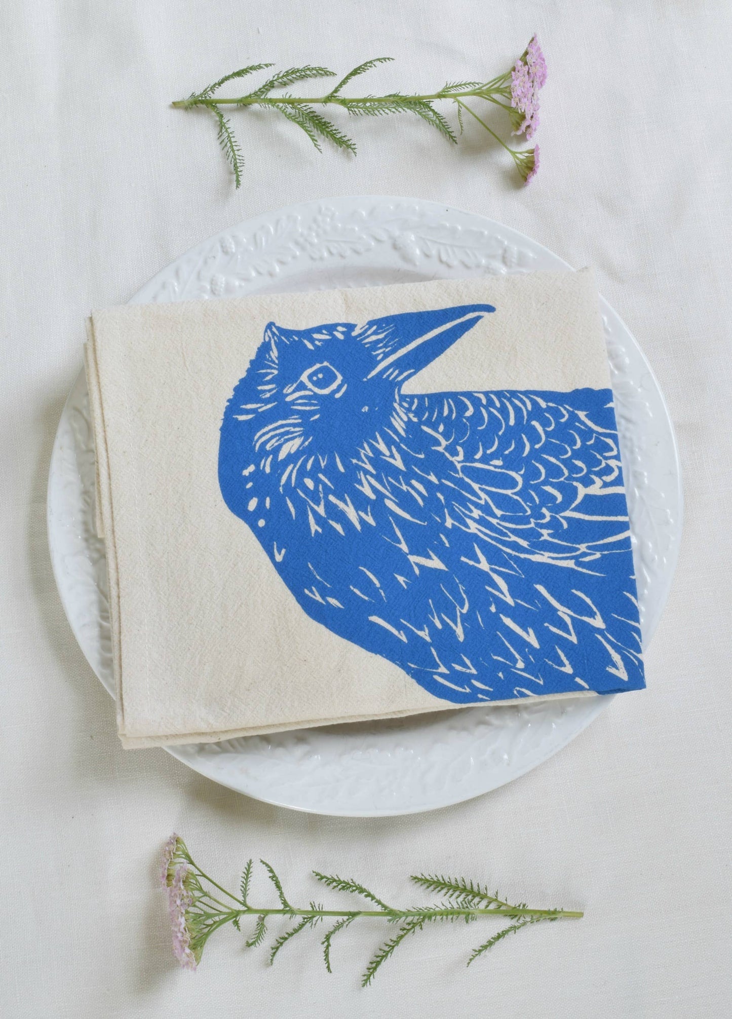 Blue Print Organic Cotton Crow/Raven Bird Tea Towel