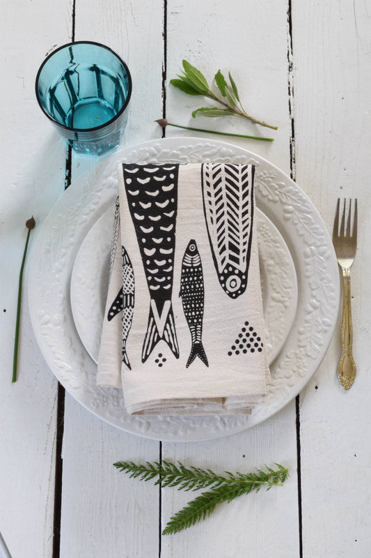 Organic Cotton Sardine Fish Print Tea Towel in Black