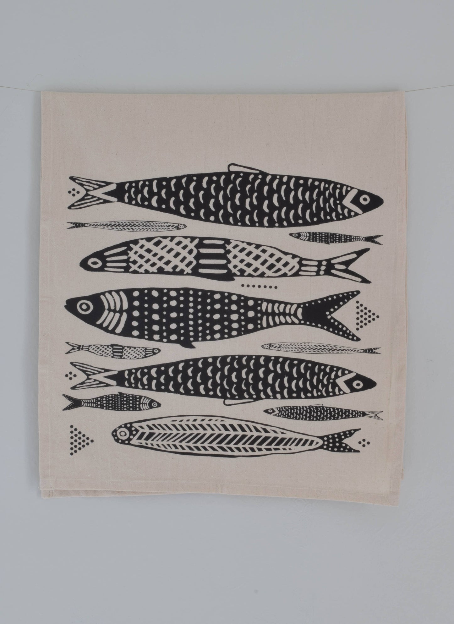 Organic Cotton Sardine Fish Print Tea Towel in Black