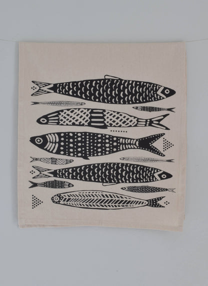 Organic Cotton Sardine Fish Print Tea Towel in Black