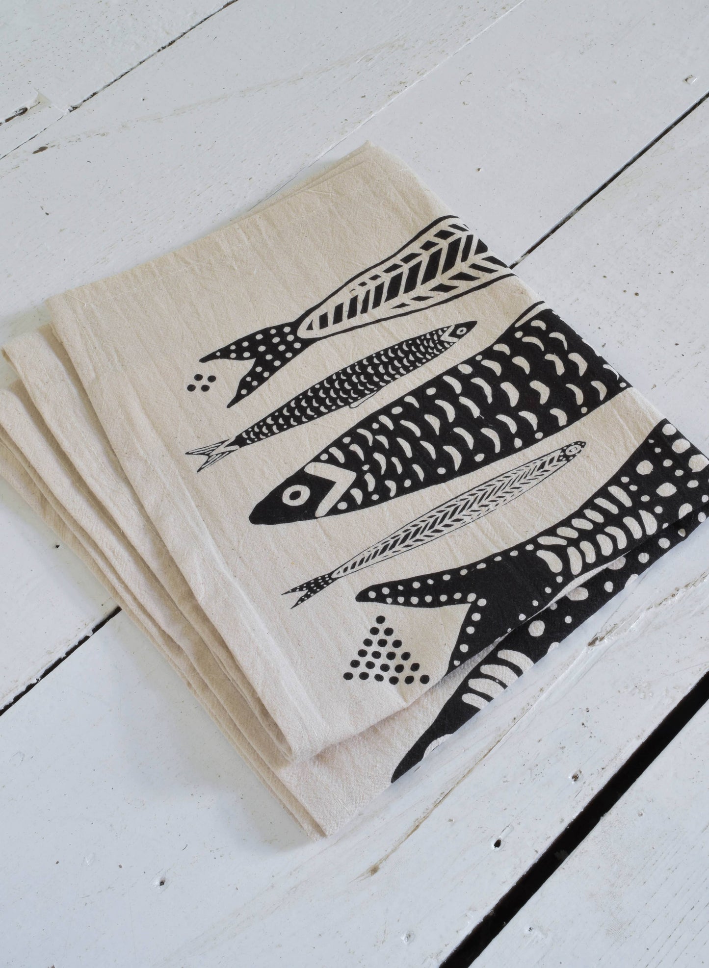 Organic Cotton Sardine Fish Print Tea Towel in Black