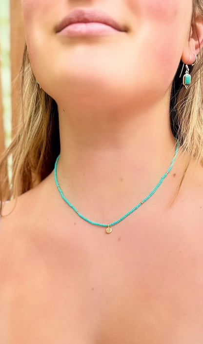 Turquoise Seed Bead Pendant Necklace with Stamped Gold or Antique Silver Circle Charm