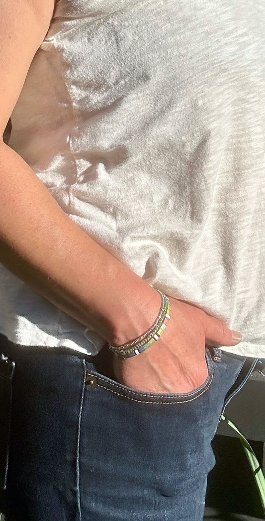 Shiny Sunrise & Steel Grey Stretchy Tile Bead Bracelet Stack