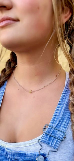 Champagne Boho Beaded Necklace with Gold Crescent Moon Charm