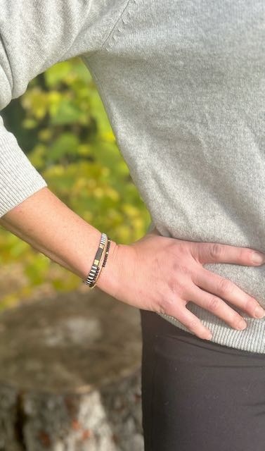 Black, White & Gold Striped Tila Bead Stacked Bracelet Set