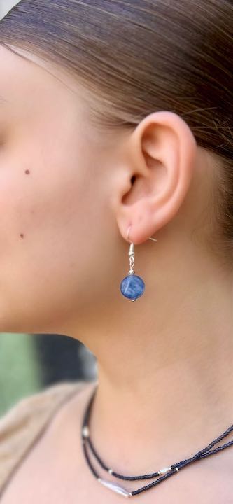 Blue Kayanite Coin Gemstone Pendant Earrings