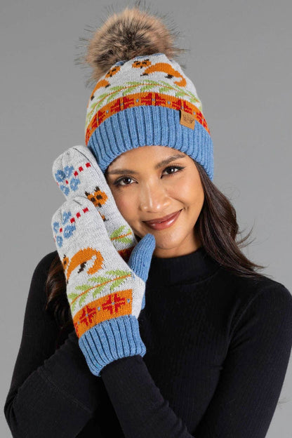 Blue Fox Pattern Knit Mittens