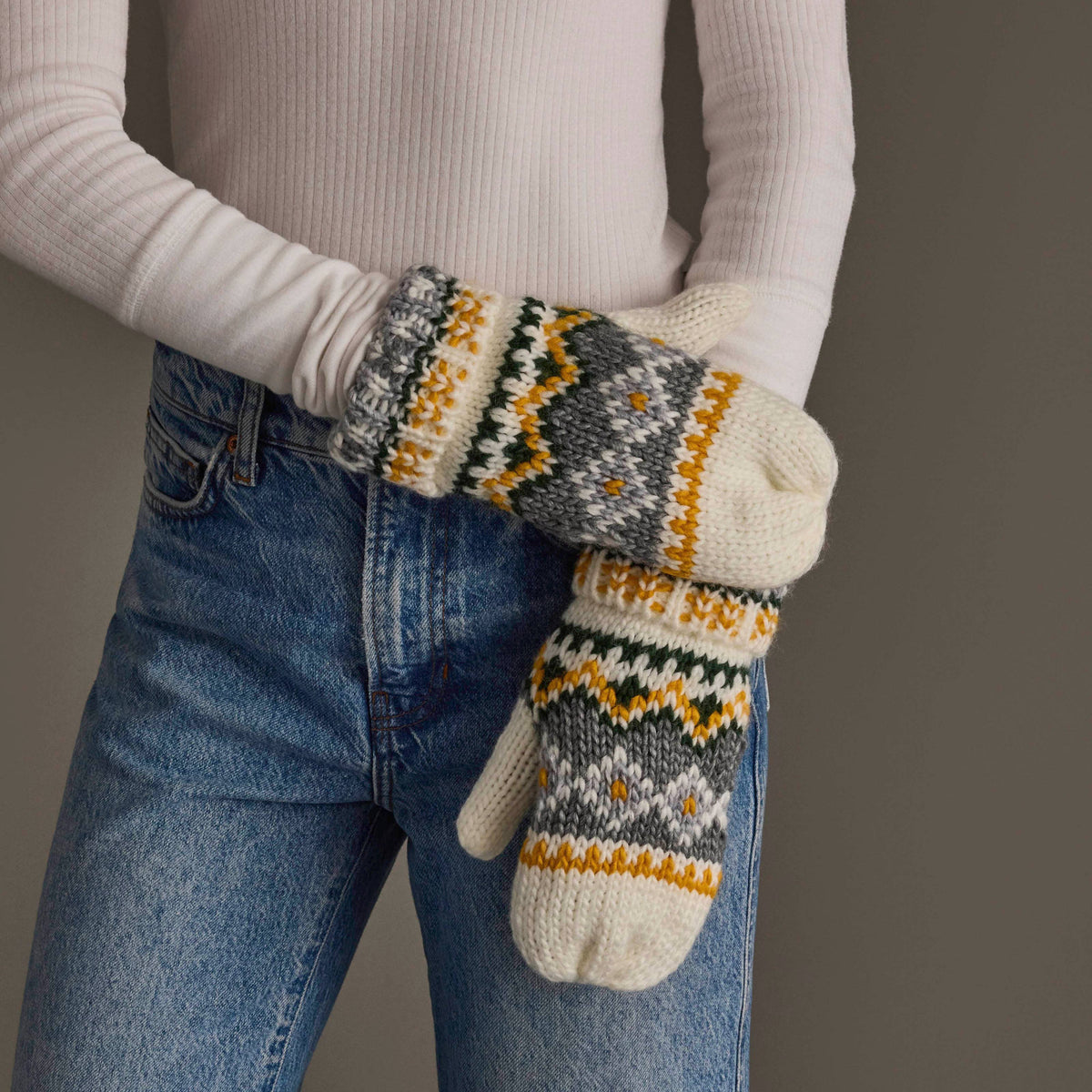 Ivory, Green, Gray  & Gold Patterned Mittens