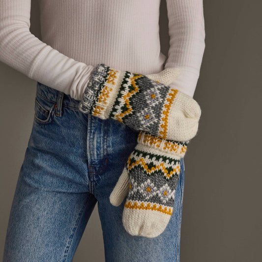 Ivory, Green, Gray  & Gold Patterned Mittens