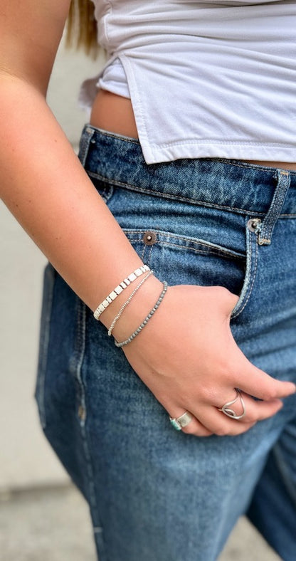 Classic White Tila Bead Bracelet Stack with Beaded Silver or Gold Accents