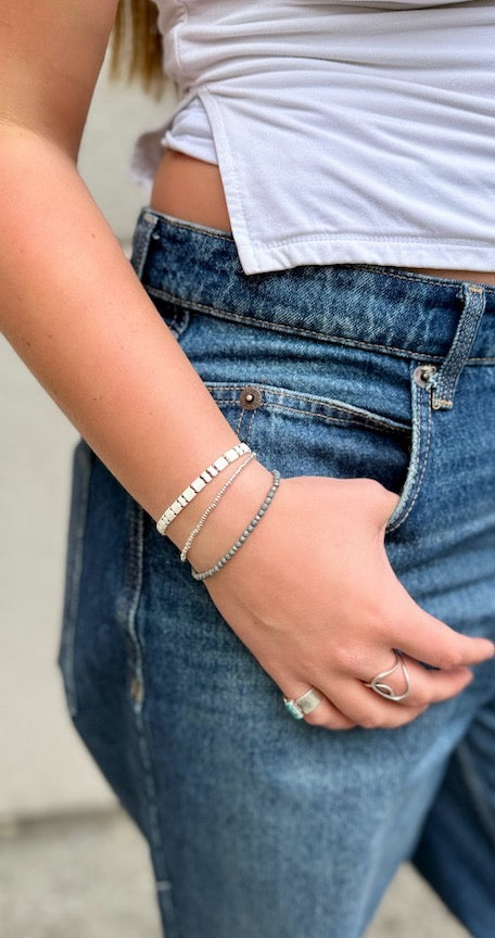 Classic White Tila Bead Bracelet Stack with Beaded Silver or Gold Accents