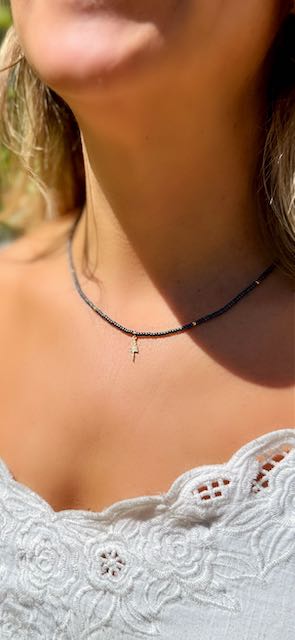 Steel Gray Boho Beaded Necklace with Gold Lightning Bolt Charm
