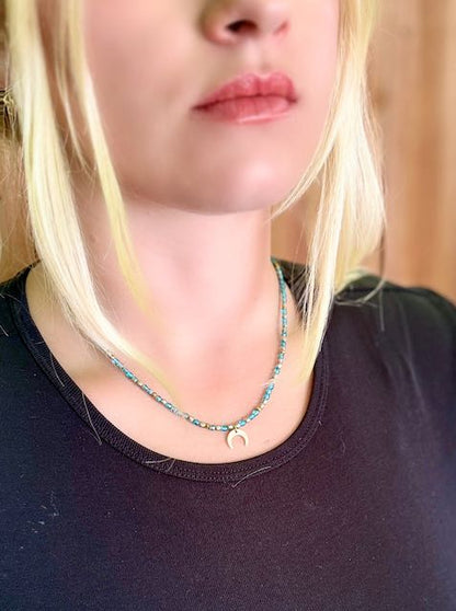 Sparkly Blue Moon Boho Beaded Necklace with Gold Moon Charm