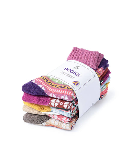 Rufia - 5 Pairs Bohemian Wool-Blend Socks Set: 7028 / ONE SIZE