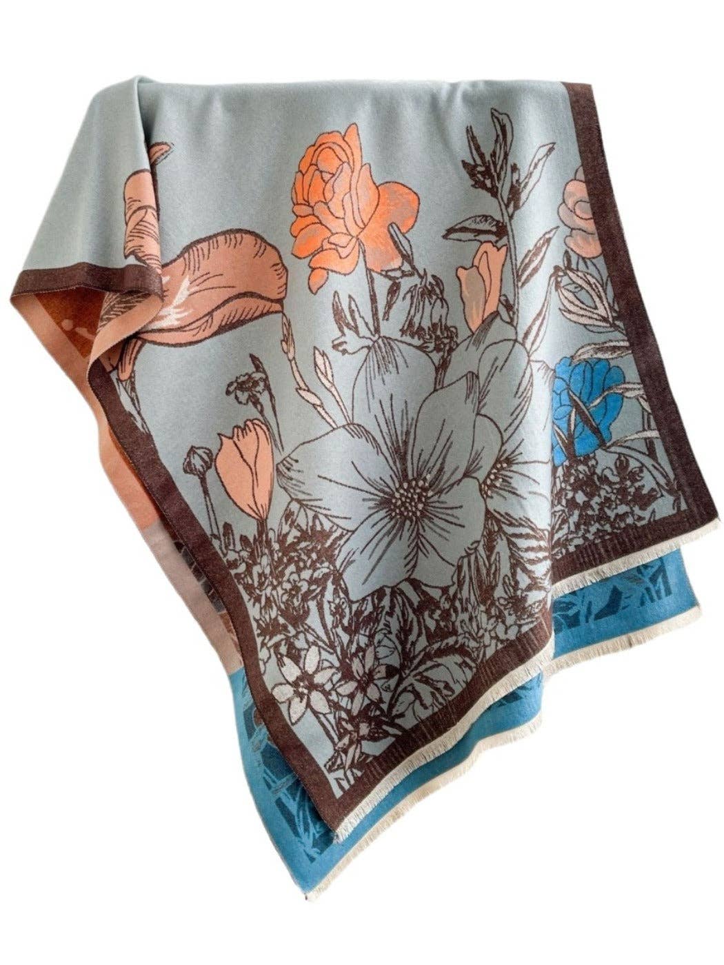 Reversible Floral Print Scarf & Shawl – Blue & Orange