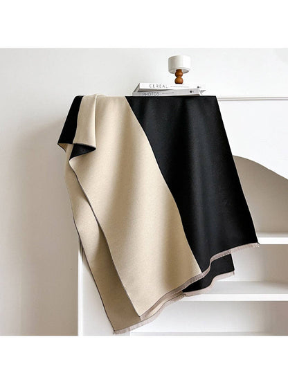 Black & Creamy White Color Block Fringe Scarvii Scarf & Shawl