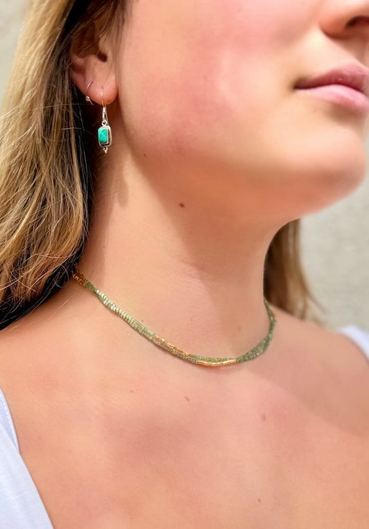 Crystal Cut Forest Green Seed Bead 5-Wrap Bracelet Stack or Necklace in Gold or Silver Stripes (Copy)