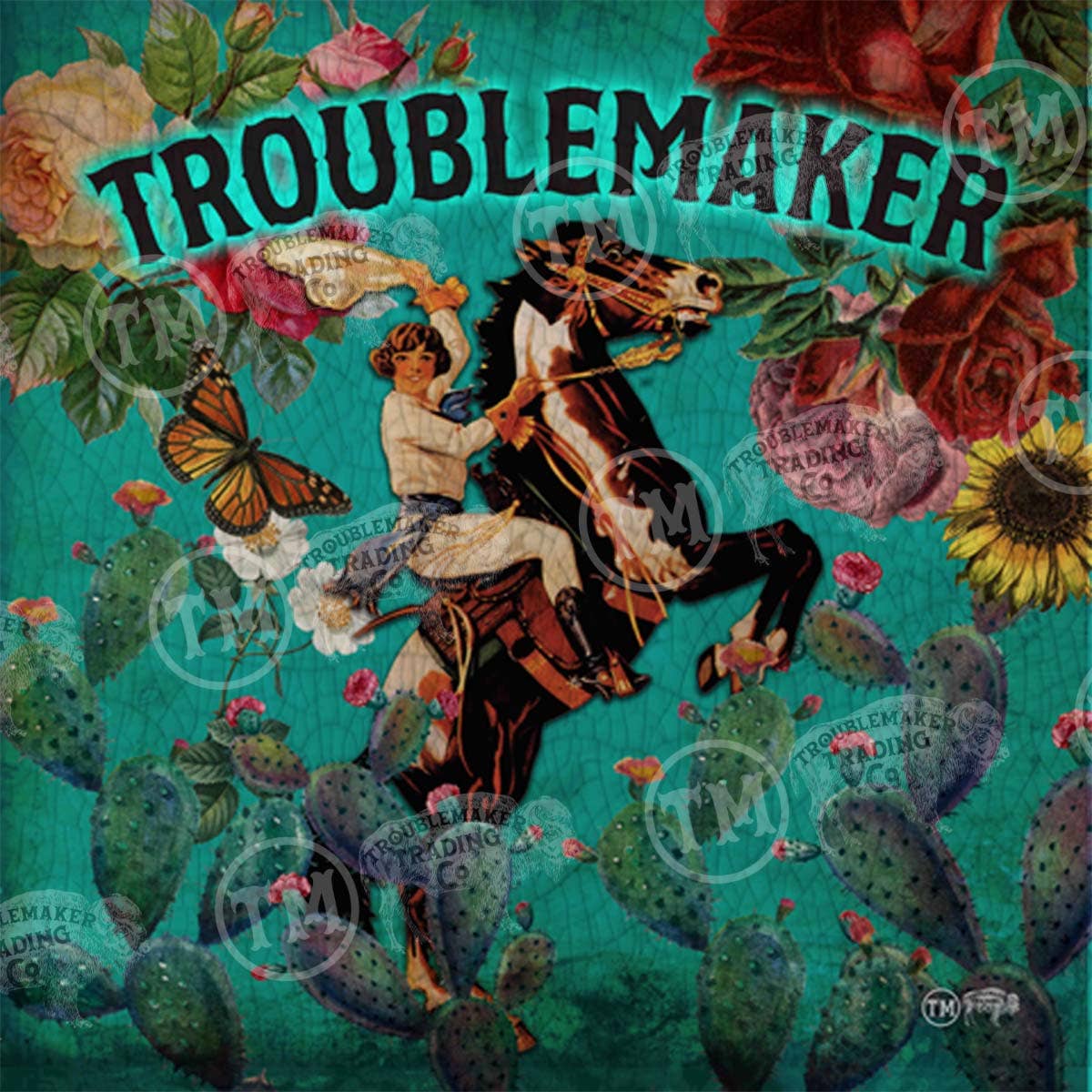 Troublemaker Cowgirl Turquoise - Square Framed Artwork: Medium - 20"