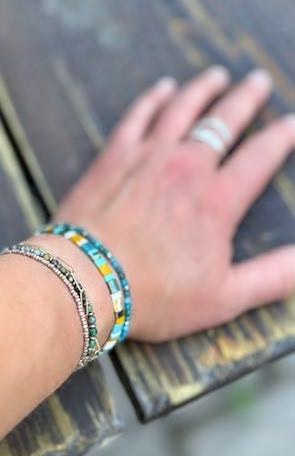 Wild at Heart Stretchy Beaded Bracelet Set – White & Blue Mix Tila Beads with Gold or Silver