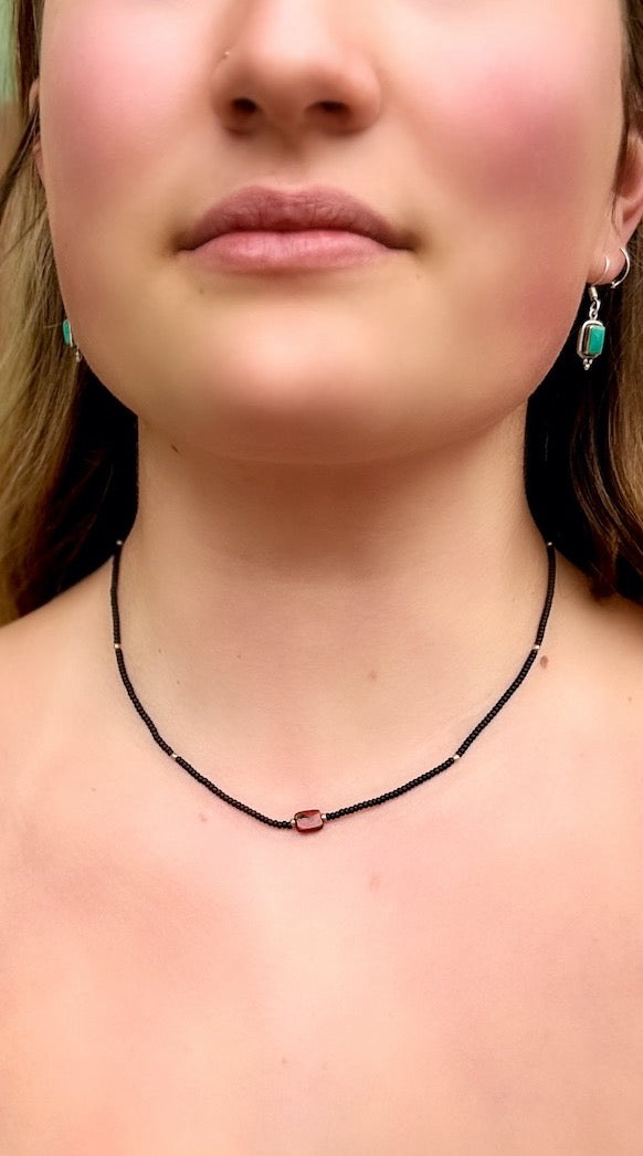Stretchy Black Seed Bead Necklace with Red Jasper Pendant