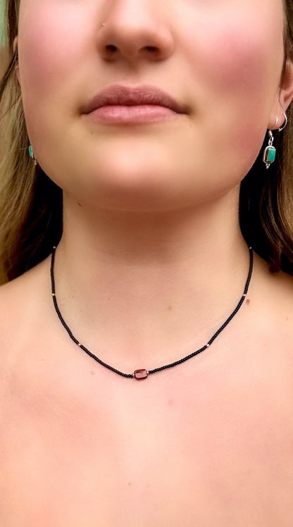 Stretchy Black Seed Bead Necklace with Red Jasper Pendant