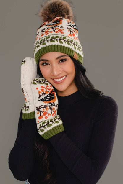 Olive & Cream Bird Pattern Knit Mittens