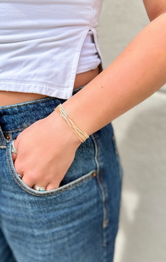 Crystal Cut Light Peach Seed Bead 5-Wrap Bracelet Stack or Necklace in Gold or Silver Stripes