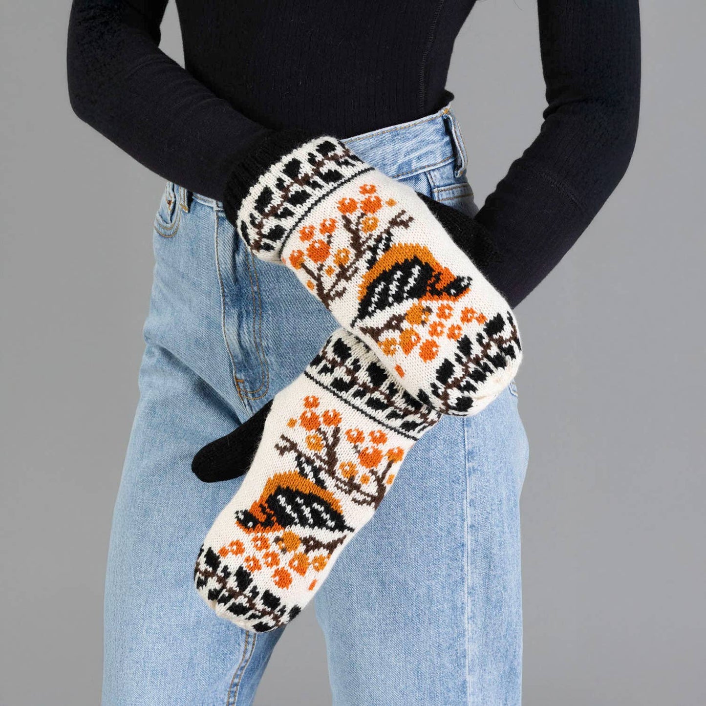 Black & Cream Bird Pattern Knit Mittens