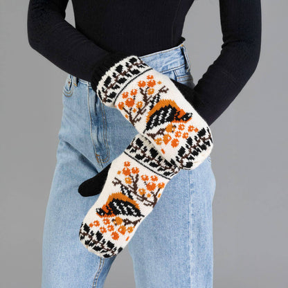 Black & Cream Bird Pattern Knit Mittens