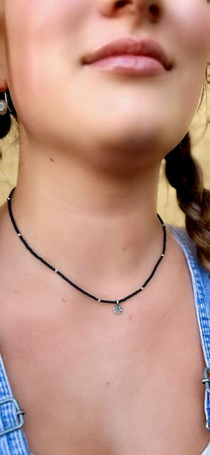 Black Stretchy Boho Seed Bead Necklace with Antique Silver Star Charm