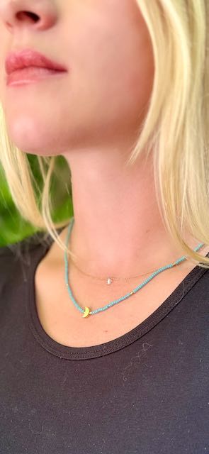 Pale Blue Moon Boho Beaded Necklace with Gold Moon Charm