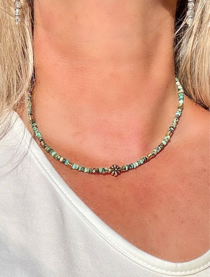 African Turquoise Boho Necklace – Stretchy Beaded Gemstone Jewelry with Western Gold Star Pendant