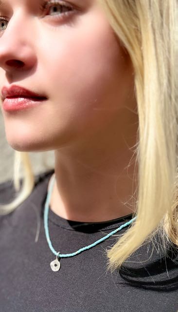 Baby Blue Boho Beaded Necklace with Hammered Silver Circle Charm