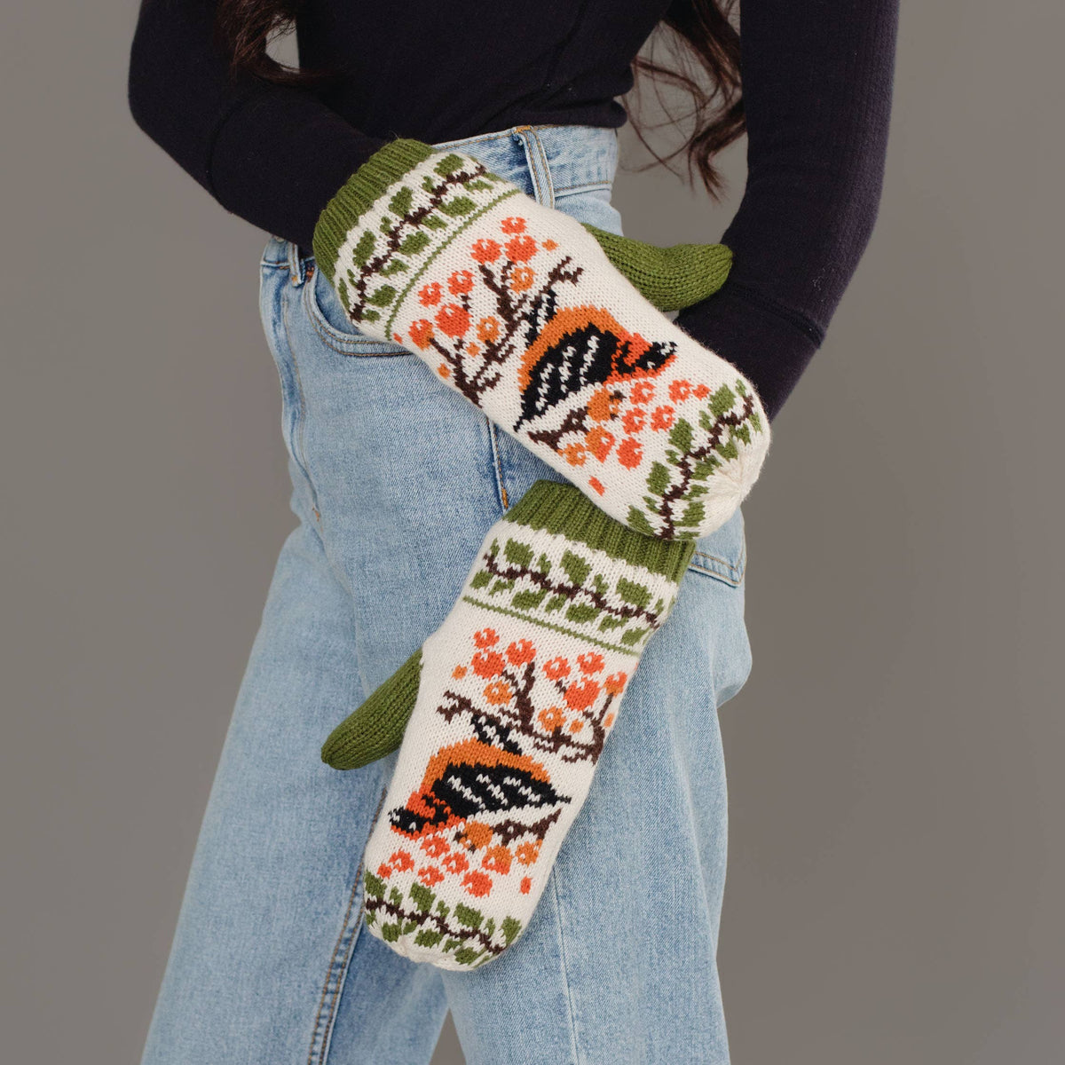 Olive & Cream Bird Pattern Knit Mittens
