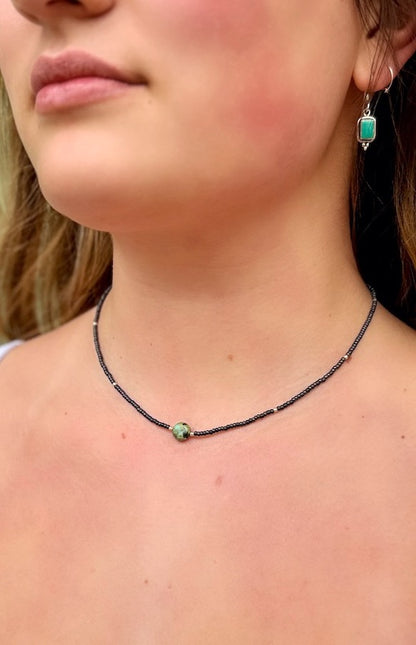 Steel Grey Seed Bead Necklace with African Turquoise Circle Pendant