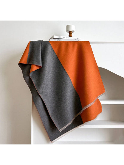 Orange & Grey Color Block Plush Fringe Scarvii Scarf & Shawl