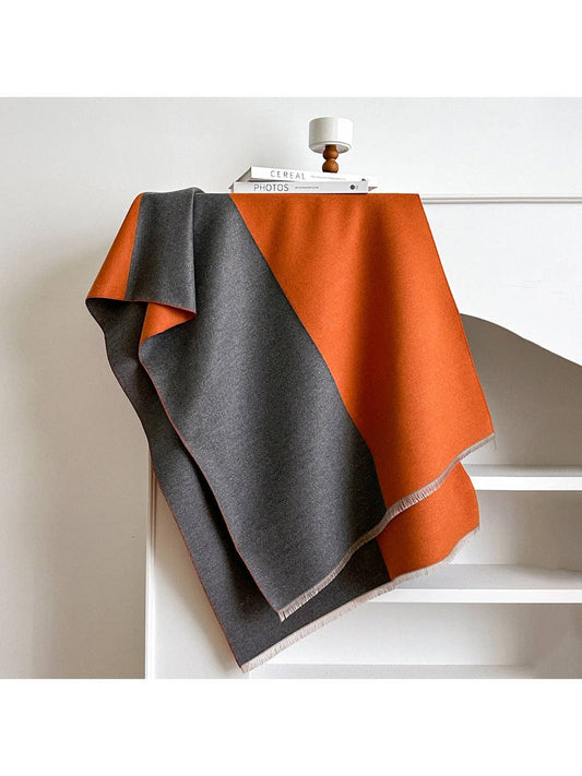 Orange & Grey Color Block Plush Fringe Scarvii Scarf & Shawl