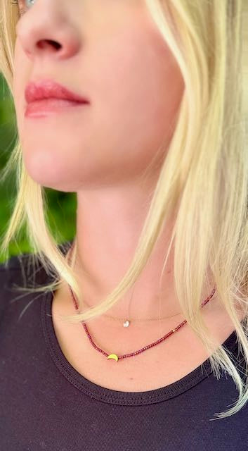 Raspberry Moon Boho Beaded Necklace with Gold Moon Charm