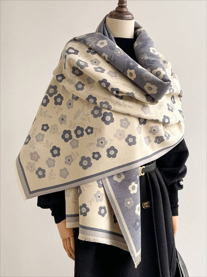 Blue & Creamy White Reversible Scarvii Floral Shawl & Scarf