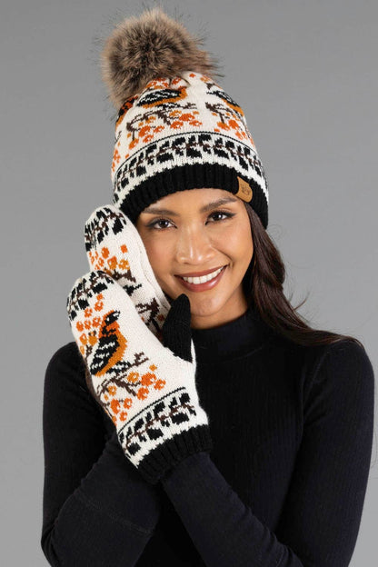 Black & Cream Bird Pattern Knit Mittens